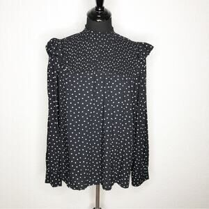 Ann Taylor black white polka dot smocked ruffle trim top size Medium NWT